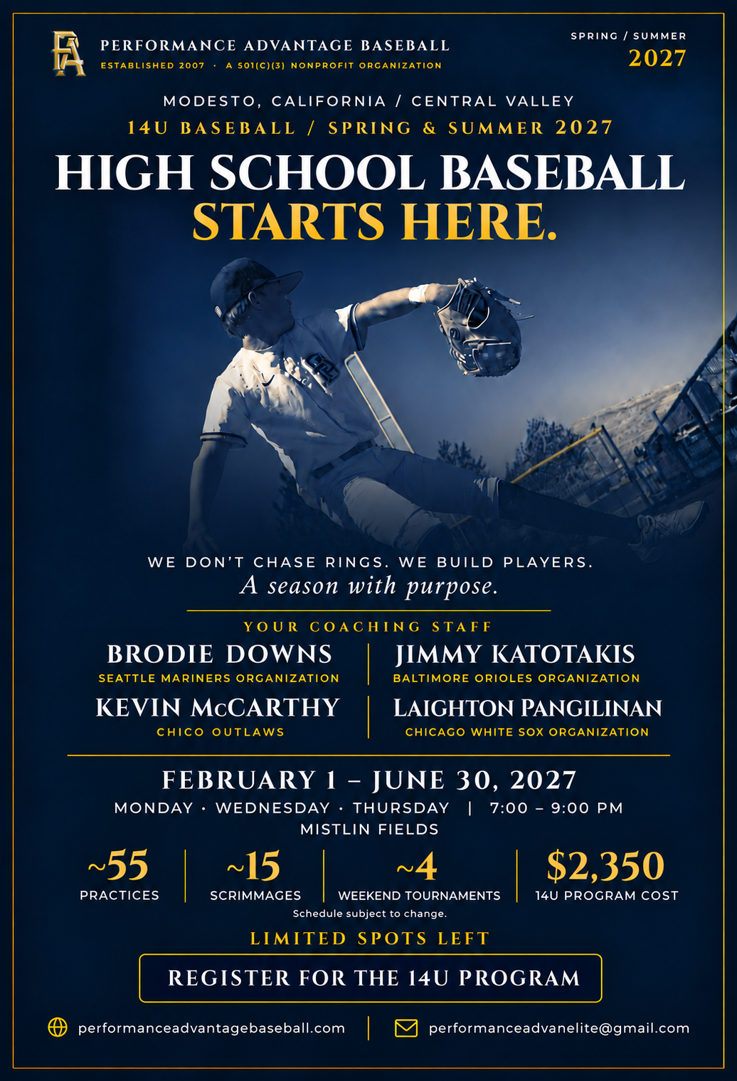 PA 14U Spring and Summer 2027 flyer: February 1 through June 30 at Mistlin Fields, program cost $2,350. Select the flyer to register.